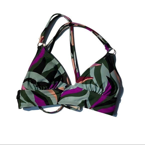Hula Honey Hyper Tropics Green Fuchsia Blue Plunge Strappy Bikini Top Sz XS NWT - Picture 1 of 8